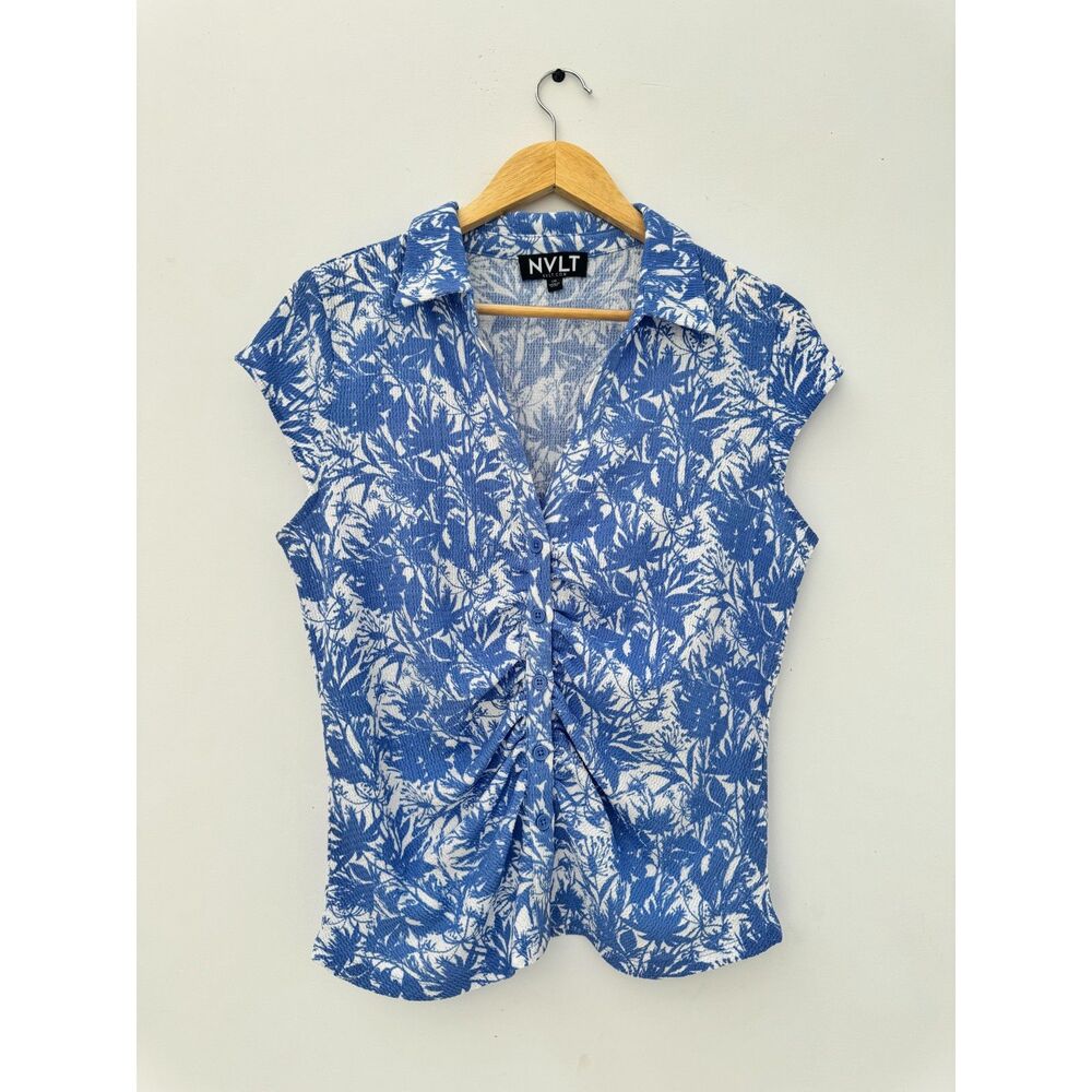 NVLT Blue Floral Textured Button Down Shirt Ruched Front Sz L